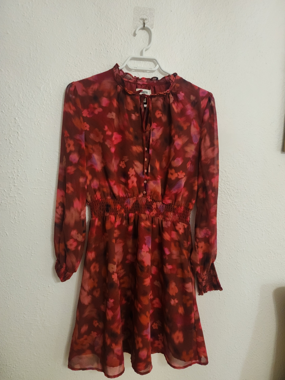 BB Dakota Burgundy and Pink Floral Long Sleeve Tie-Neck Dress